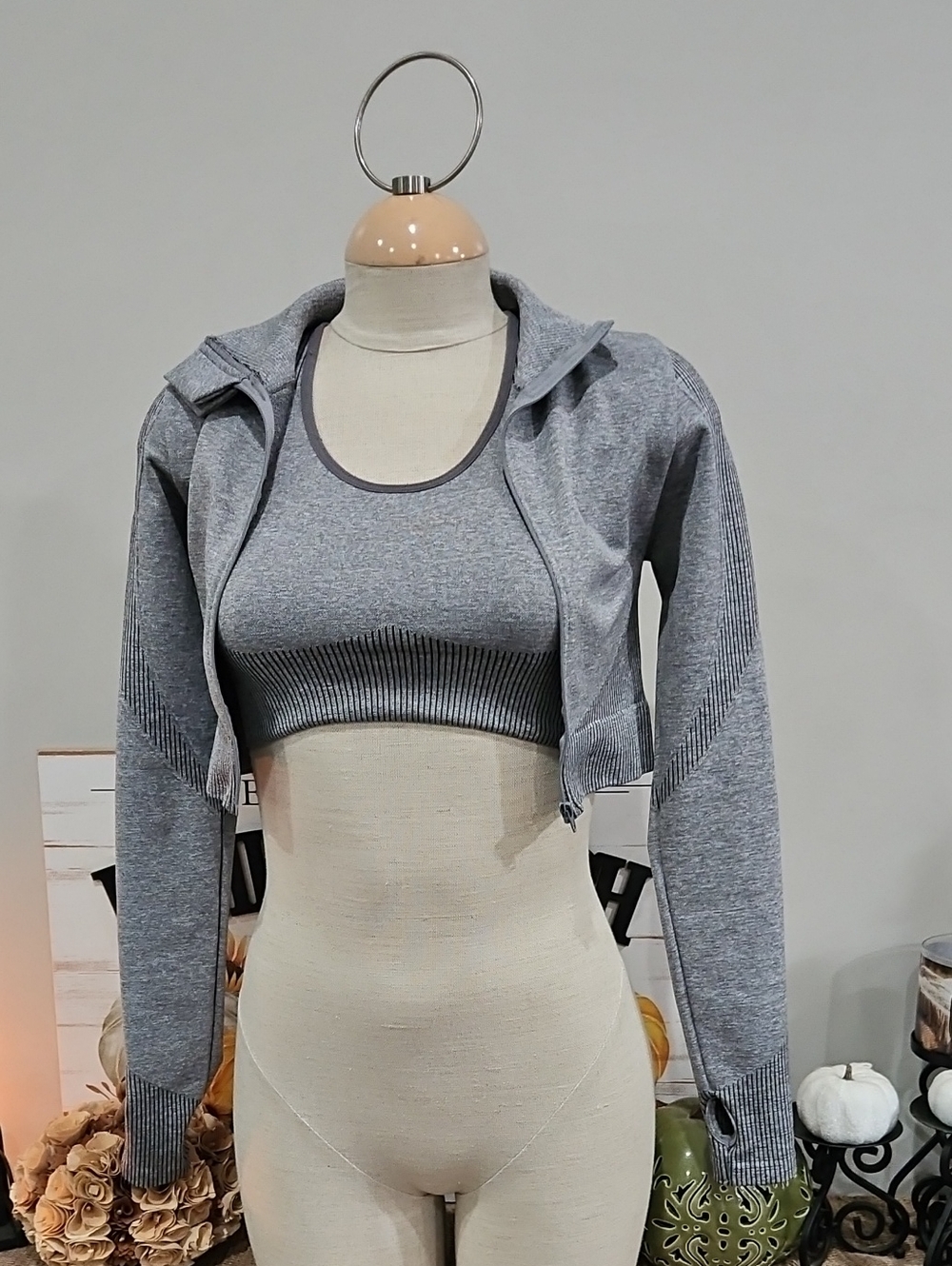 Grey Cropped Sports Bra & Zip Hoodie Set Sz Xs